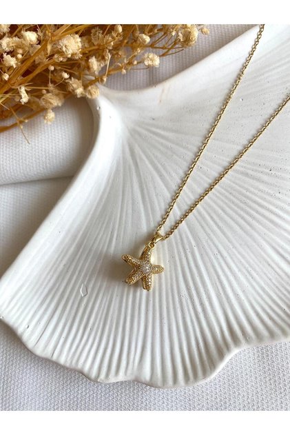 Kadın Gold Zirkon Taşlı Deniz Kızı Yıldızı Açılan Minimal Incili Çelik kolye