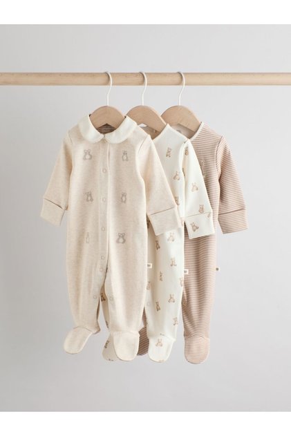 100% Cotton Cream Baby Collar 3-Piece Sleepsuit Set