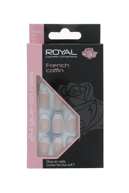 Set de 24 de unghii false ROYAL Glue-On Nail French Coffin, lipici inclus 2 g