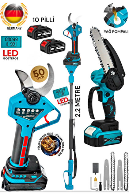 OG GERMANY STEEL Teleskopik Set Göstergeli Şarjlı Dal Budama Bağ