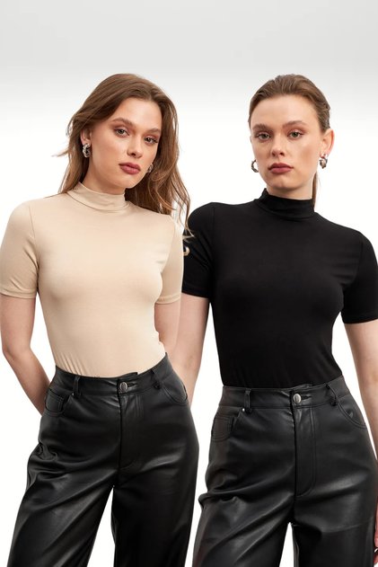 Women's 2 Pack Economic Black Cream Basic Short Sleeve Blouse