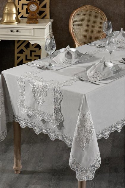 Katre French Lace Linen Dinnerware Set - 26 Piece Gray