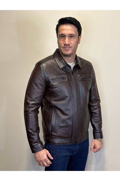 H-109 Hakiki Deri Kahverengi Deri Mont Fermuar Detaylı Deri Ceket