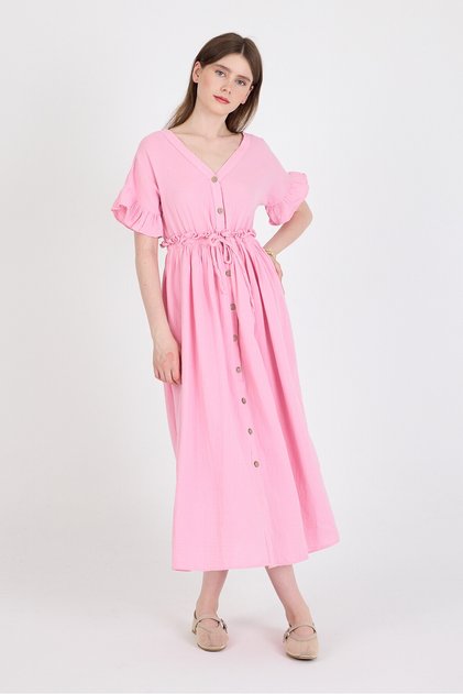 Pink 100% Cotton Ruffle Sleeve Detailed Button Dress 4781A