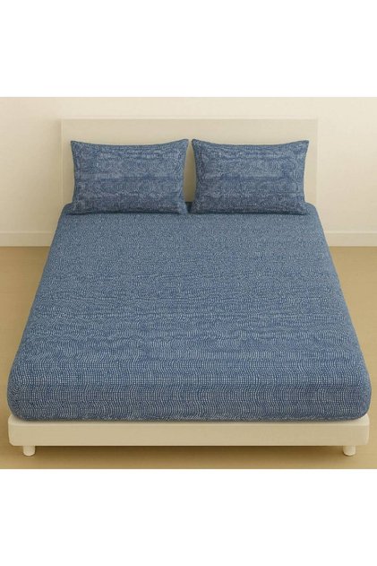 Home Single Blue Colored Oval Striped Deep Elastic Sheet and Pillow Case