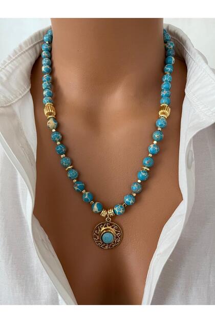 Natural Stone Sky Blue Varasite Stone Gold Plated Lace Design Pendant Women's Necklace in Special Gift Box