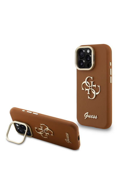 iPhone 16 Pro Max Compatible Case Guess Licensed Grained Text Logo Cover with Camera Stand Brown