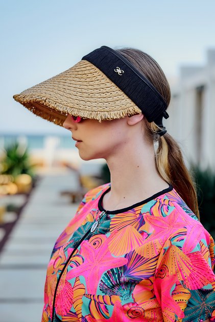 Fringe Detailed Visor Straw Hat Sunscreen Visor Rş-2110 Black01