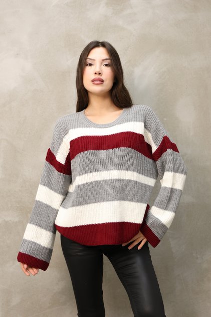 Round Neck Long Sleeve Comfortable Loose Cut Three Color Striped Basic Plain Winter Knitwear Sweater