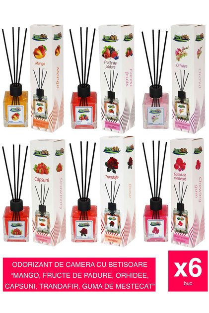Odorizant de cameră 120ml – Set de 6 arome: Mango, Fructe, Orhidee, Căpșuni, Trandafir, Gumă de mestecat