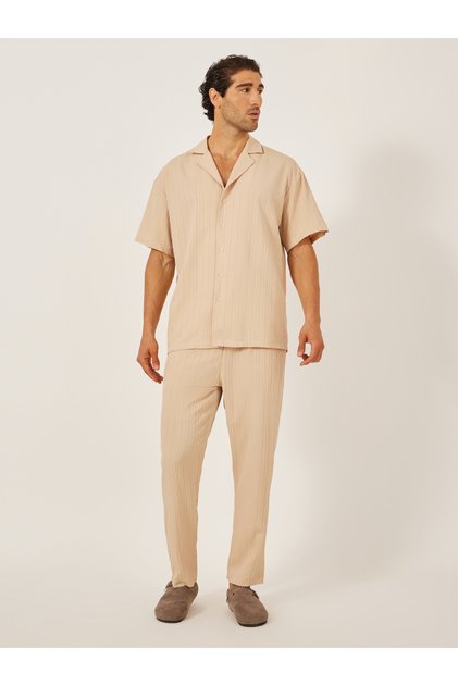 Textured Camp Collar Shirt and Pants Co-Ords