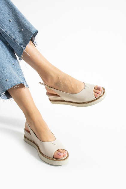 Women's Genuine Leather Wedge Heel Shoes Cream