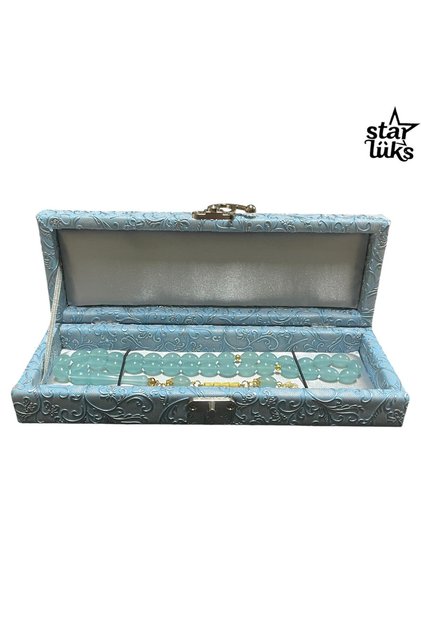 Özel Lüks Kaliteli Desenli Deri Mavi Tesbih Bileklik Kolye Takı Kutusu (21x6x3 cm)