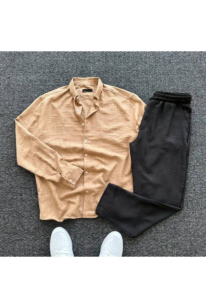 Men's Crinkled Linen Shirt and Trousers 2-Piece Set