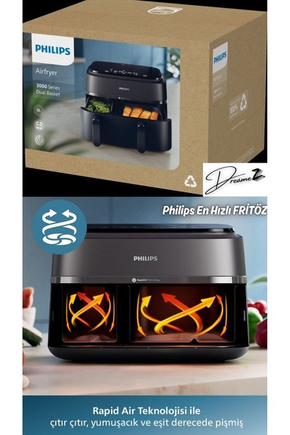 Drmz Versuni 3000 Serisi En Hızlı Airfryer Çift Hazneli,Rapid Air Plus Teknolojisi,9 Litre ,2750 Wat