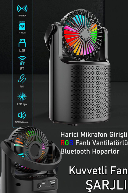 Bluetooth Hoparlör Şarjlı Mikrafon Girişli 180° Oynar Fanlı Işıklı Ses Bombası Radyo Usbli ZQS1440