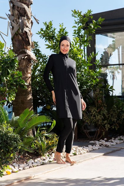 Women's Black Zipper Full Covered Hijab Swimsuit – 3 Pieces, Long Sleeves C0T2N2O52-1