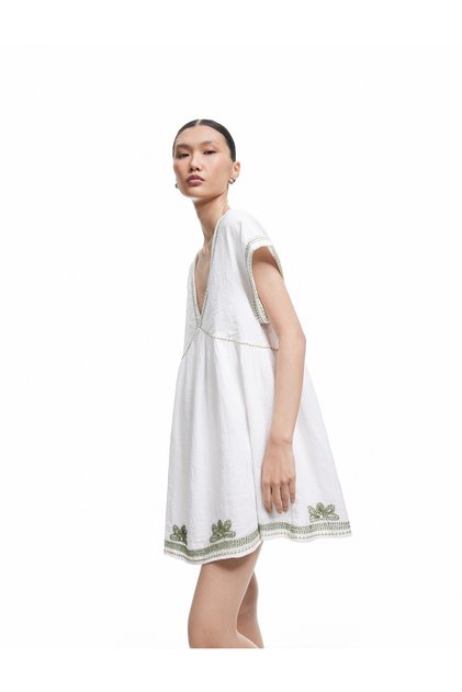 Comfortable Fit Cotton Embroidery Detail Short Sleeve V Neck Mini Dress