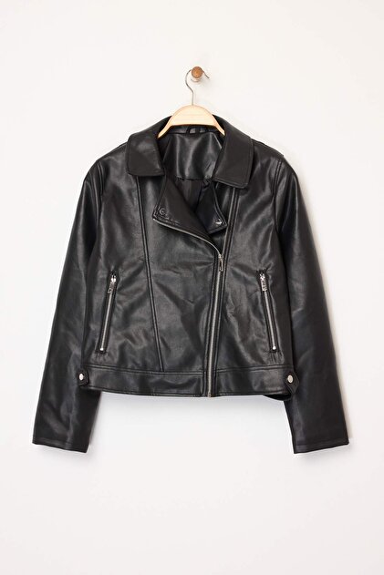 Trendyolmilla Siyah Fitted Kalıp Suni Deri Biker İnce Ceket Mont