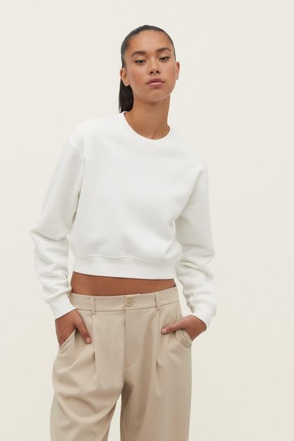 Ecru 100% Cotton Women's Basic crop crew neck long sleeve sweatshirt