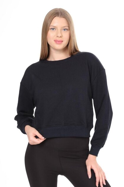 Women's 100% Cotton Dark Navy Blue Ultra Quality Diagonal Without Raising 3-thread Crew Neck Basic Sweatshirt