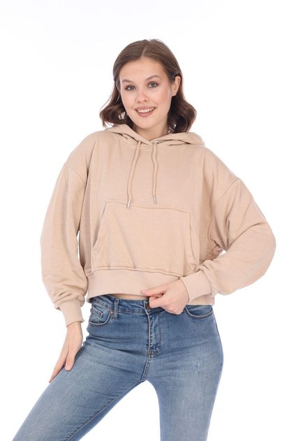 Premium Quality 100% Cotton 3 thread Beige Hooded Kangaroo Pocket Lace Up Short Crop sweatshirt
