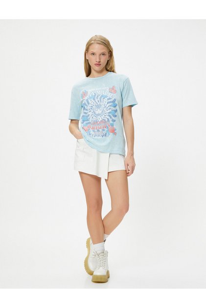 Printed T-Shirt Wash Effect Short Sleeve Crew Neck Cotton