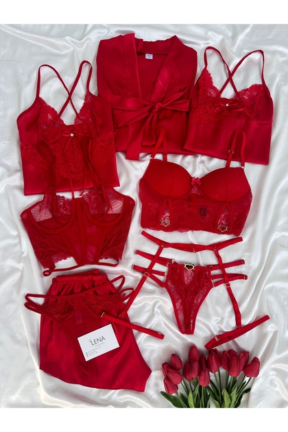 Mina Red Satin Boxed 7 Piece Giant Nightgown, Dressing Gown, Underwear, Dowry Set