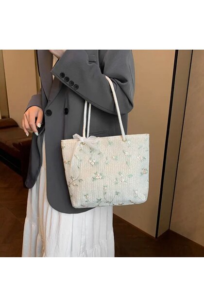 Women's Straw Bag Embroidery Lining Beach Handbag Stylish Bag for Daily Use