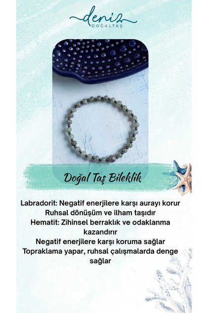 Labradorit ve Hematit Taşlı Gümüş Aparatlı Bileklik