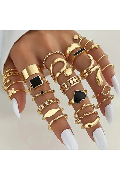 27Pcs Gold Color Heart Ring Multiple Joint Ring Black Enamel Joint Ring Set with Heart -007