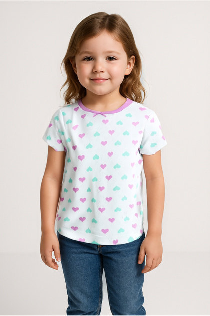 Cotton Heart Printed Girl's T-shirt - White