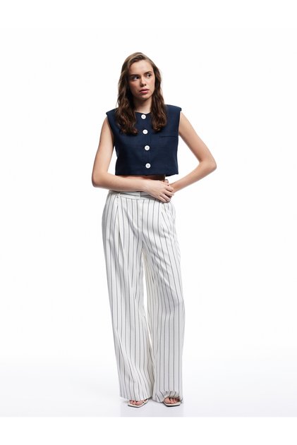 Sleeveless Pocket Crew Neck Button Short Linen Vest