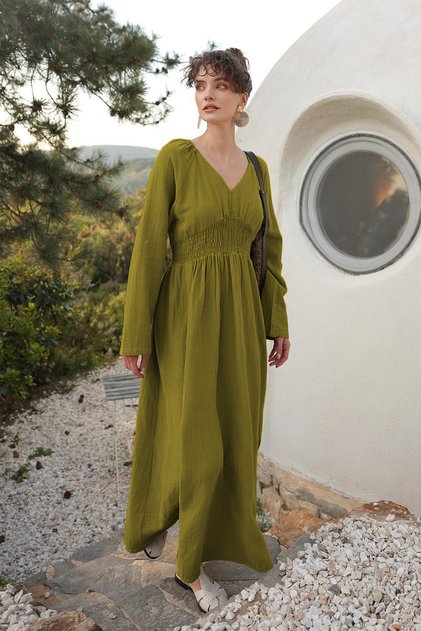 Women's V-Neck Waist Gipeli Wide Sleeve Slit Detail Long Cotton Muslin Dress