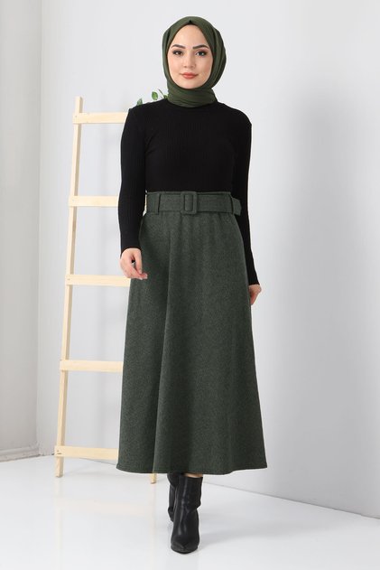 Herringbone Patterned Mevlana Skirt Tsd0047 Khaki