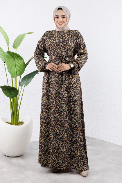 Colorful Floral Viscose Long Modest Dress Tsd240920 Brown
