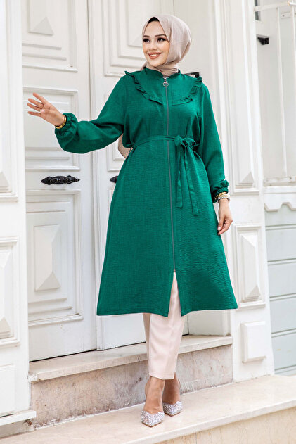 Tesettr Dnyas Emerald Green Linen Tunic - TSD with Ruffle Detail and  Zipper240518- Trendyol