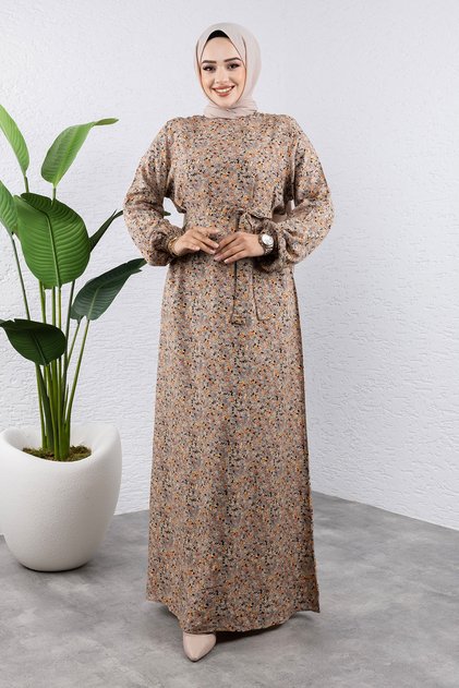 Colorful Floral Viscose Long Hijab Dress Tsd240920 Mink