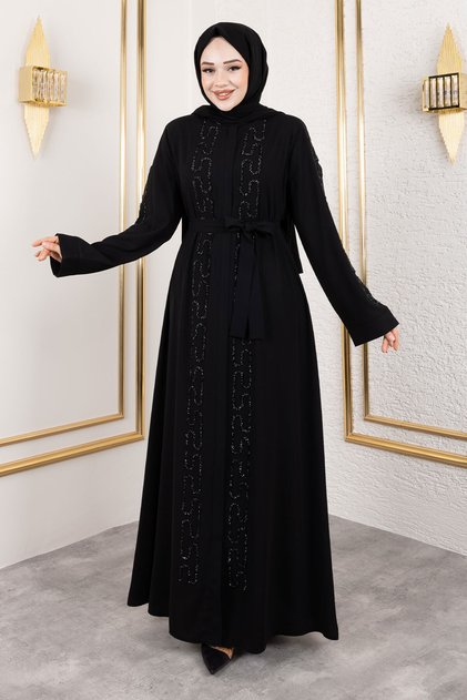 Chain Stone Detailed Abaya Tsd250126 Black