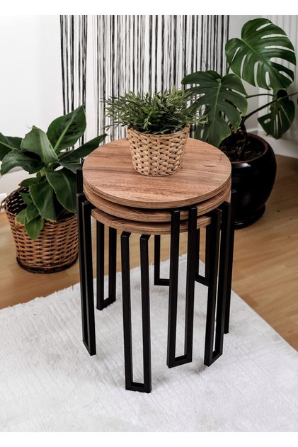3 Lü Orta Sehpa Mdf Metal Gövde Ahşap Tabla Dekoratif Zigon Ev Mobilya