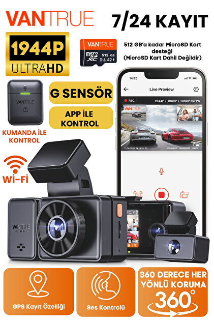 VANTRUE Element 3 Uhd/ Wi-fi/ Gps/ G-sensörü/ (ÇİFT ÖN KAMERA ARKA