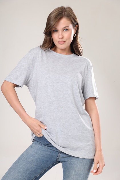 Süper Kalite Unisex Pamuk Gri Melanj Bisiklet Yaka Oversize Boyfriend T-shirt Kadın Erkek Tişört