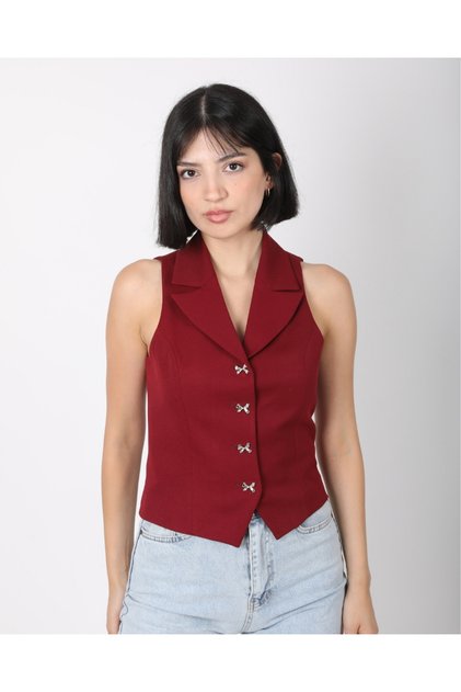 Women's Burgundy Bow Buttoned Blazer Vest
