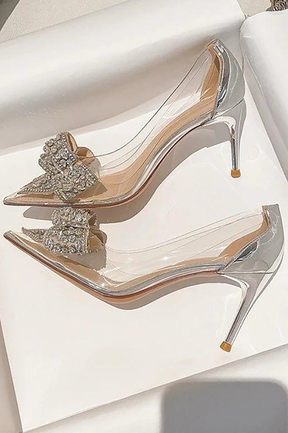 Lady Princess Gümüş Şeffaf Nude Fiyonk Toka Taşlı 8 Cm İnce Topuklu Düğün Nişan Abiye Ayakkabı