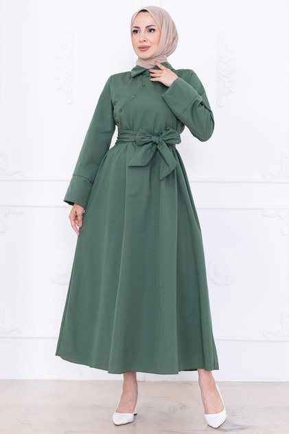 Front Cross Button Belted Dress Green Hm2755