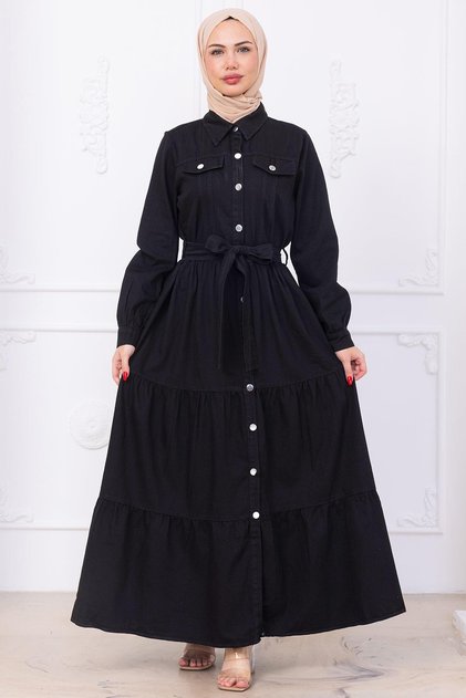 Button Front Belted Denim Dress Hm2764 Black