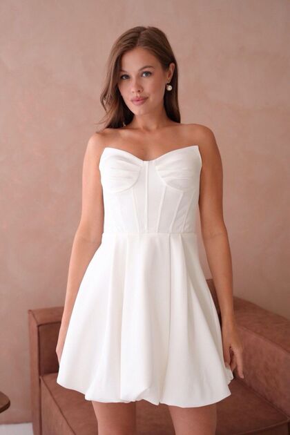 Women's Strapless Back Lace Detail Balloon Skirt Lined Satin Homecoming Prom Wedding Party Dress