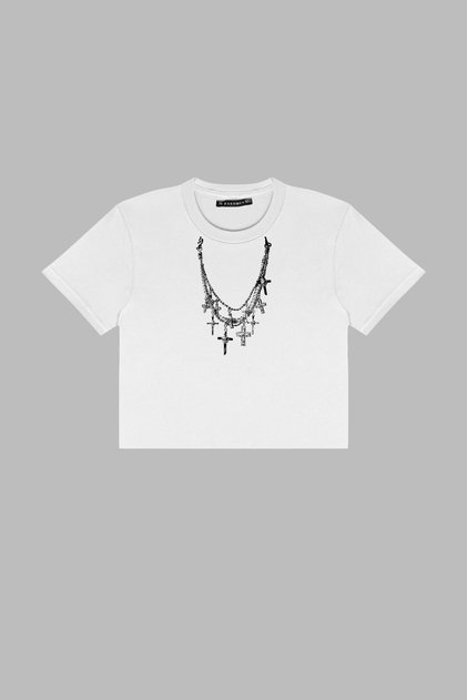 Top crop alb imprimat cu colier cu cruce
