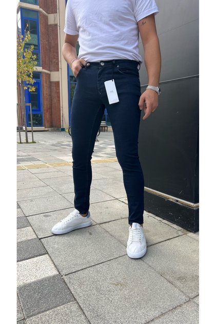 Men's Navy Blue Jean Trousers Skinny Fit Lycra Narrow Leg Five Pocket Straight Denim