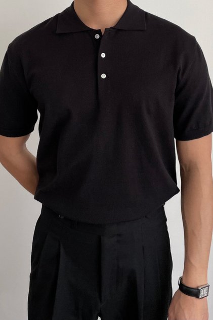 Men's Black Buttoned Regular Fit Knitwear T-Shirt